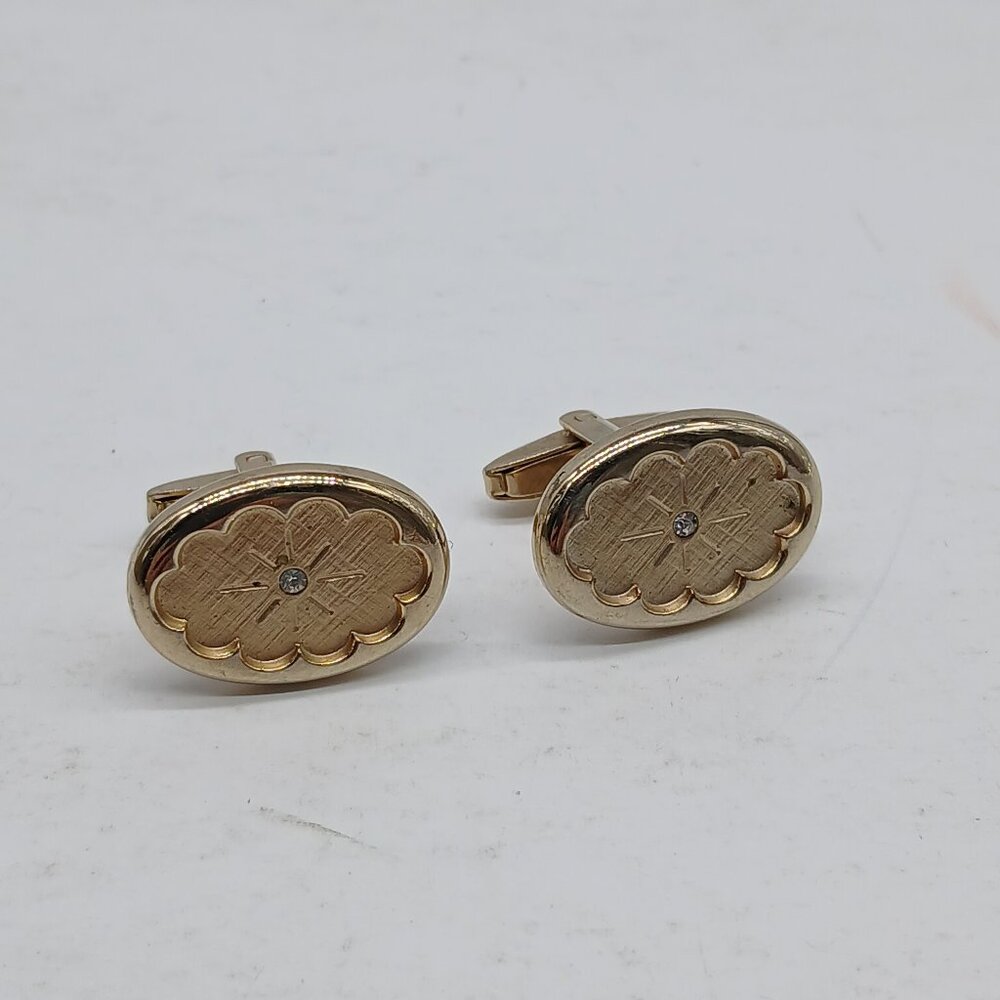 Vintage Pair Foster Oval‎ Gold Tone Cufflinks Clear Stone
